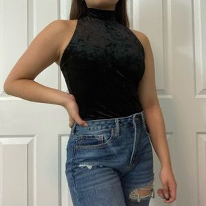 black velvet mock neck criss cross back bodysuit